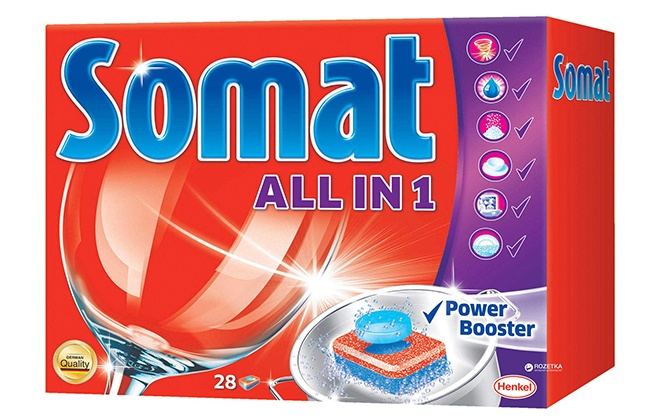 Червона упаковка з таблетками для посудомийки Somat all in 1